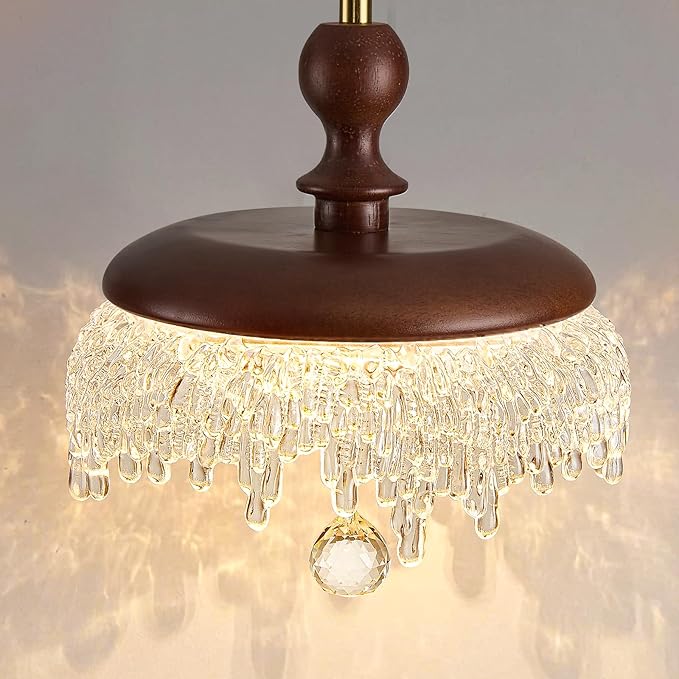 Farmhouse Wood Pendant Light,LED Hanging Pendant Light with Walnut Finish,Warm 3000K Wood Chandelier for Kitchen Island,Dining Room,Entryway（1 Pack）