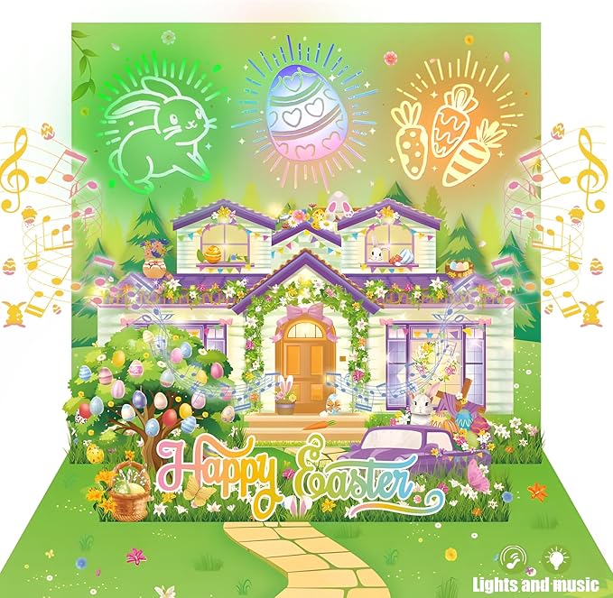 Easter Card, firework light and music for Pop Up Card, easter Greeting Cards with Envelope, Funny Easter gift For Family, Friend, Kids