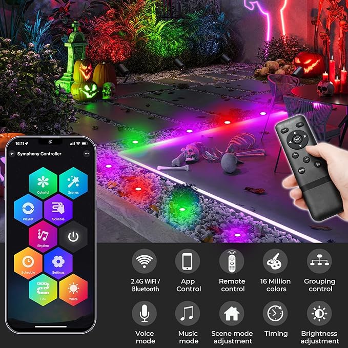 LED Deck Lights Kit, 50 Pack 1.77" RGBW+IC Multicolor Dynamic Low Voltage Recessed Landscape Lights, IP67 Waterproof 12V Step Light Outdoor for Garden Yard Path Ground Stairs, Work with Alexa/Google
