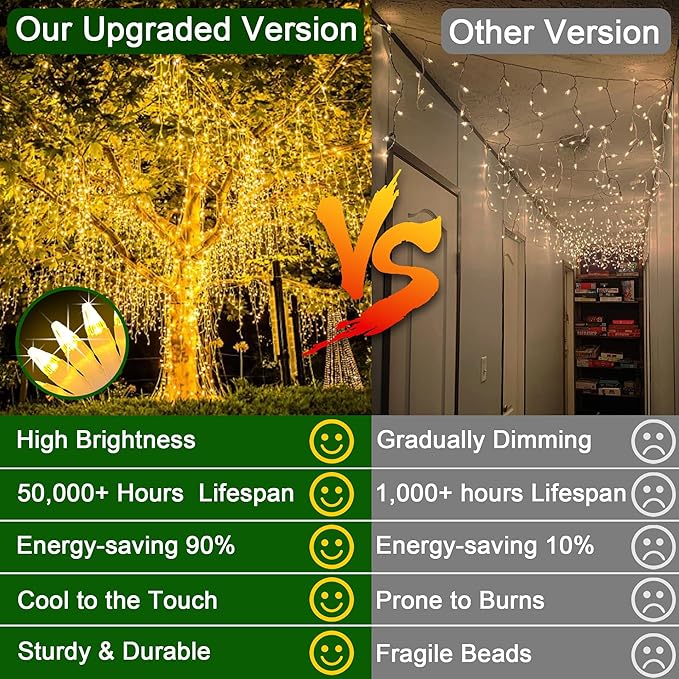 132FT 1332 LED Outdoor Christmas Lights - 296 Ice Drops, 12 Pro Modes with Timer Memory & Brightness, Waterproof Hanging Ice String Light for Holiday Wedding Garden Fence House Decor (Warm White)