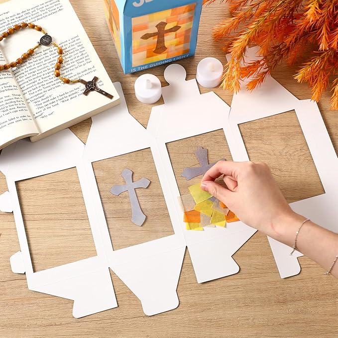 12 Sets Easter Crafts Religious Lanterns Crafts with LED Candles Lights Jesus Lights The Way Sunday School Tissue Paper DIY Oil Lamp Cross Hanging Ornament VSB Church Activity
