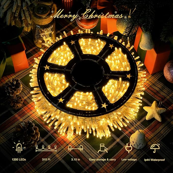 JMEXSUSS Outdoor Christmas Lights Plug in: 315ft 1200 LED Christmas Tree Lights with Remote - 8 Modes Warm White Xmas String Light for Wedding Holiday Yard Party Indoor Decoration