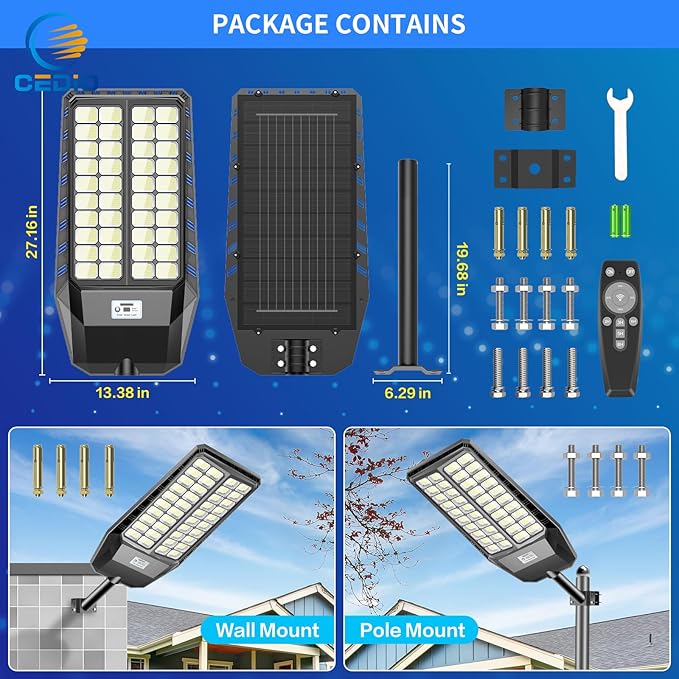 CEDIO Outdoor Solar Street Lights, Solar Lights IP66 Waterproof LED Street Light Dusk to Dawn, Flood Light with Motion Sensor for Yard (9800W-2PACK)