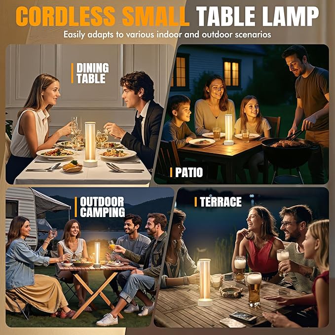 Indoor Outdoor Table Lamp Cordless,Rechargeable Battery Powered Lamp 3-Mode Touch Dimmable,IP54 Waterproof Portable Lamp for Bedside Reading,Patio Grill,Gazebo Party,Camping Tent (White)