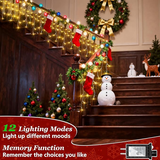 1620 LED 164ft Outdoor Christmas Lights, 12 Modes Dimmable Curtain String Lights with 360 Drops, Waterproof Twinkle Fairy Lights with Timer for Bedroom Window Holiday Wedding Xmas Decor, Warm White