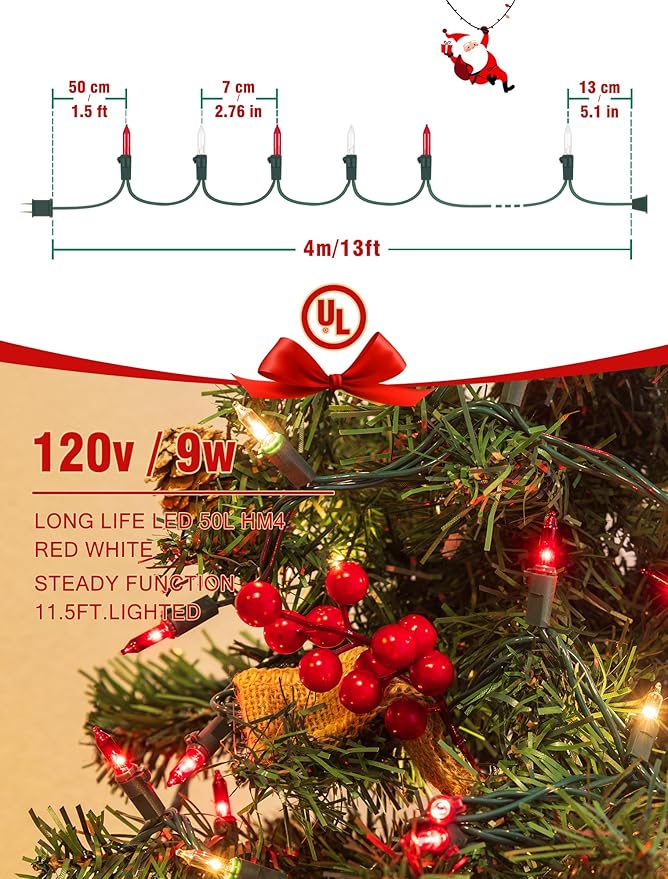 Hopolon Red and Warm White Christmas Lights，2PACK 50Count 13FT Mini Lights Connectable Christmas String Light Xmas Tree Light Incandescent Plug in Waterproof for Home Yard Party Wedding Holiday Decor
