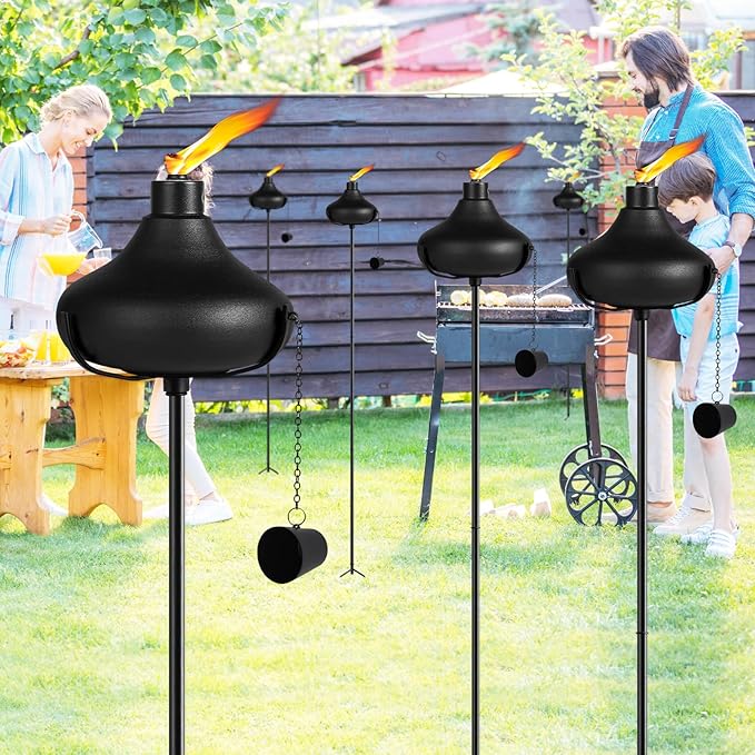 24.5 Oz Home Garden Torch Set of 6, Outdoor Metal Torch Garden Décor,55-Inch Upgraded Citronella Torches with 3-Prong Grounded Stake, Metal Light Torches for Party Patio Pathway