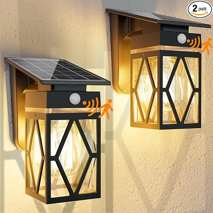 2 Pack Solar Porch Lights Outdoor, Dusk to Dawn & Motion Sensor Solar Wall Light with Lantern Shape, 3 Modes IP65 Waterproof, E26 Bulb Exterior Sconce for Front Porch, Garage, Patio Security