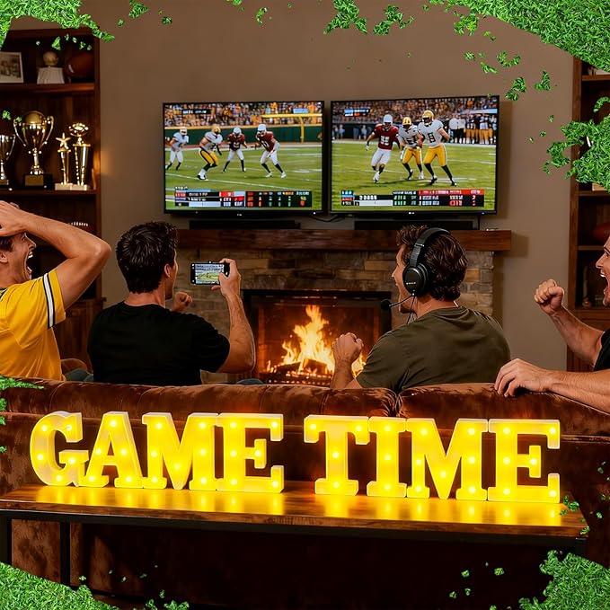 8 Pcs Football Game Time Large LED Letter Sign LED Lights Battery Powered Game Time Table Decorations for Football Theme Party Decoration