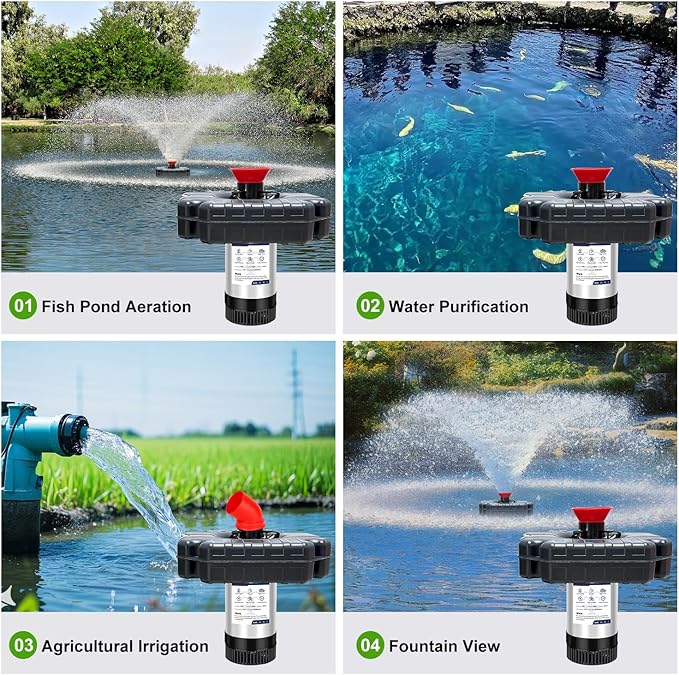 Pond Fountain Aerator, Pond Fountain, 1 HP Pond Aerator /110V 15,000 GPM, 100-foot Power Cord + 2 x 33-Foot Ropes/Timer Aerator Fountain, Suitable for Various Ponds and Lakes