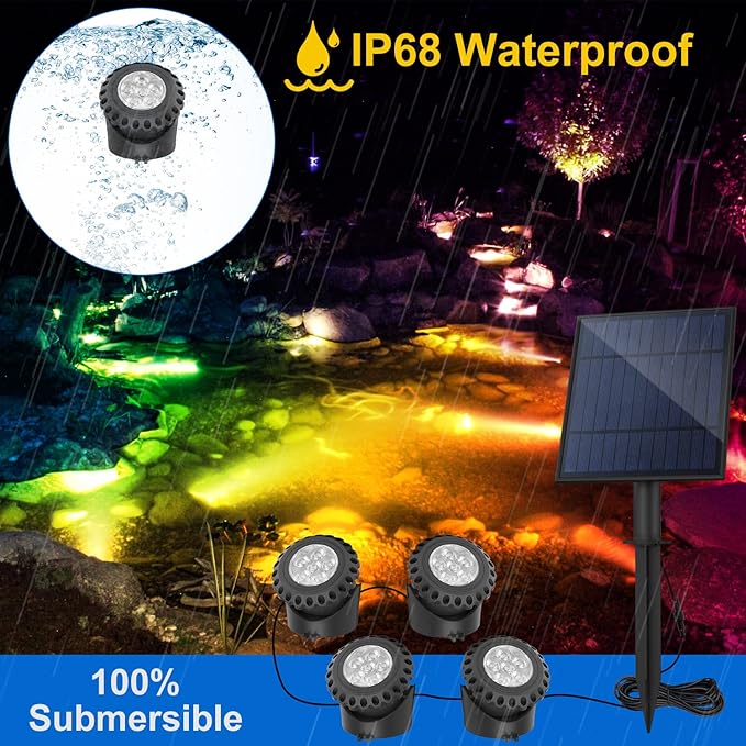 T-SUN Solar Pond Light, Super Bright LED Underwater Color Changing Solar Lights RGB Submersible Fountain Lights IP68 Waterproof Fish Tank Light for Aquarium Garden Pool Fountain Pond