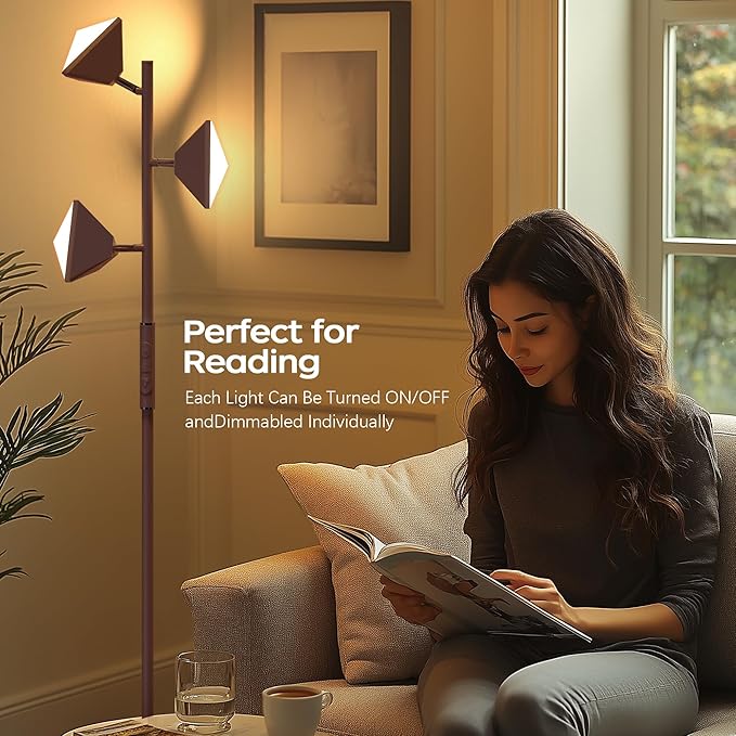 LED Tree Floor Lamp, 36W Dimmable Tall Standing Lamp with Remote & Touch Control, 2700K-6500K 4 Color Temperatures, 3 Rotatable LED Lights Floor Lamps for Living Room, Bedroom, Office - Brown