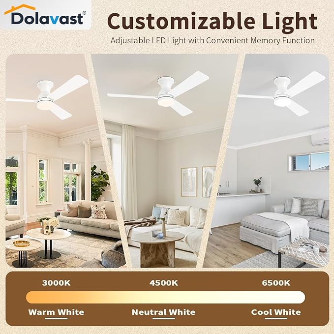 Ceiling Fans with Lights, 48 inch Low Profile Ceiling Fan with Light and Remote Control, Flush Mount, Reversible, 3CCT, Dimmable LED, Noiseless, White Ceiling Fan for Bedroom, Dining Room