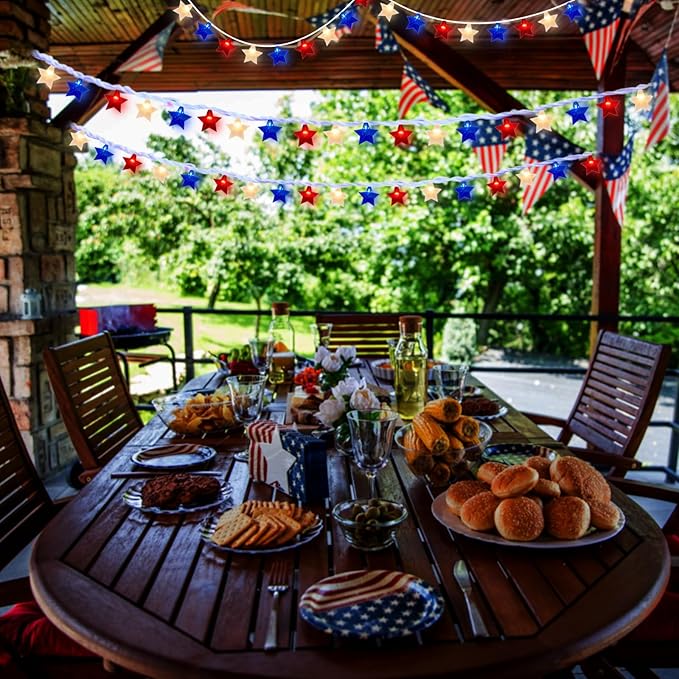Red White Blue Stars String Lights, 8.5Ft 4th of July Decorations Lights with 10 Red White Blue Lights, Plug in Stars String Lights Outdoor for Independence Day Memorial Patriotic Party Gift Decor
