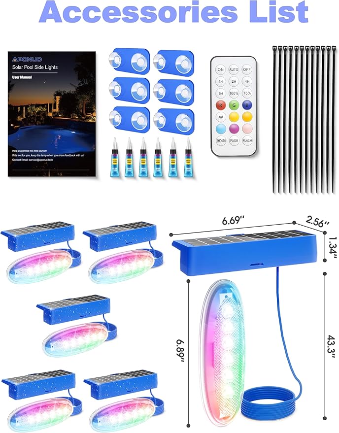 APONUO 6 Pack Solar Pool Lights, Pool Solar Lights for Above Ground Pools with Remote, IP68 Waterproof, RGB Color Changing Solar Powered Pools Light for Pond, Fountain,Yard (Blue)