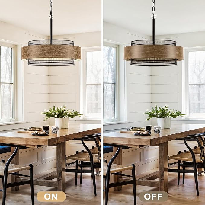 19.7 inch Farmhouse Chandeliers for Dining Room, 5-Light Rustic Large Round Black Chandelier Metal Wood Texture Interior Hanging Lighting for Entryway Kitchen Island Foyer Bedroom Living Room