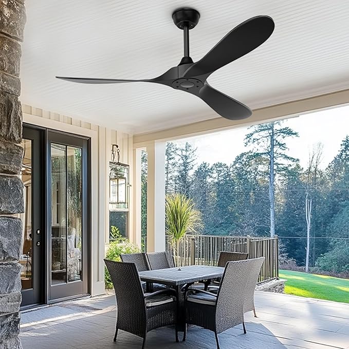Black Ceiling Fan No Light, 52 in OutdoorCeiling Fans with Remote Control without Light, 3 Blades, 6 Speed Reversible DC Motor Modern for Patios, Kitchen, Bedroom, Porch (Black)