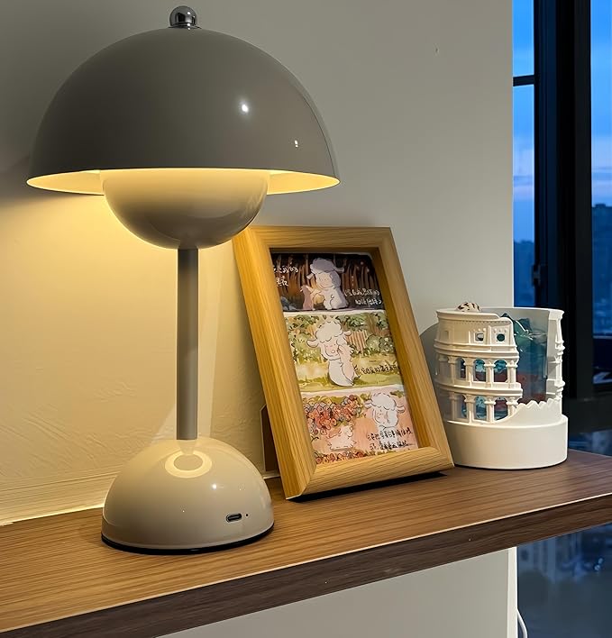 Flower Bud Lamp Modern Flowerpot Cordless Mushroom Touch Table Lamp 3 Mode Dimmable Rechargeable Desk Lamp for Bedroom (White)