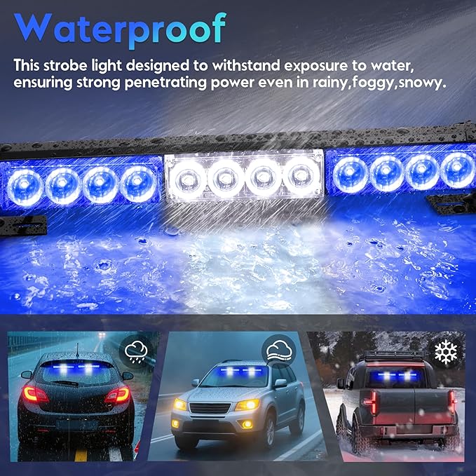 Blue White LED Emergency Lights for Vehicles First Responder Strobe Lights Bar for Firefighters Police Trucks Blue and White 23 Flash Patterns 2pcs 12.8 inch Wireless Remote Control Warning Lights