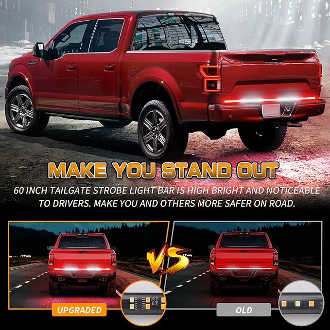 XRIDONSEN 60 inch Truck Tailgate Emergency Lights Strip 360 LED Rear Window Red White Strobe Firefighter Lights Warning Hazard Safety First Responder for Vehicles Trucks Pickup POV