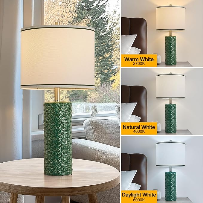 27" Farmhouse Bedside Table Lamp Set of 2, Green Modern Ceramic Lamps for Living Room, 3 Color Temperature Rustic Table Lamps for Bedroom, Night Stands, Dorm,Office, Home Décor (Bulb Included)