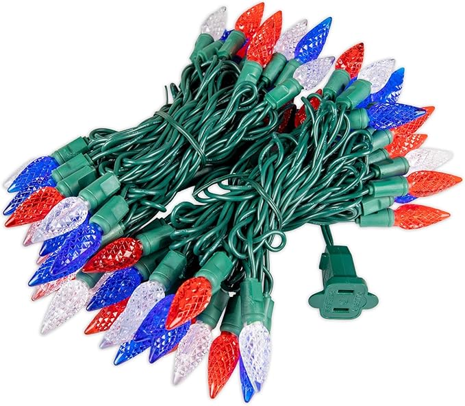 70 Light 24Ft July 4th USA Lights Commercial String Lights C6 LED Strawberry Faceted Bulb – Red/White/Blue, Green Wire, Indoor/Outdoor, Full Wave No Flicker, Connect 43 Sets