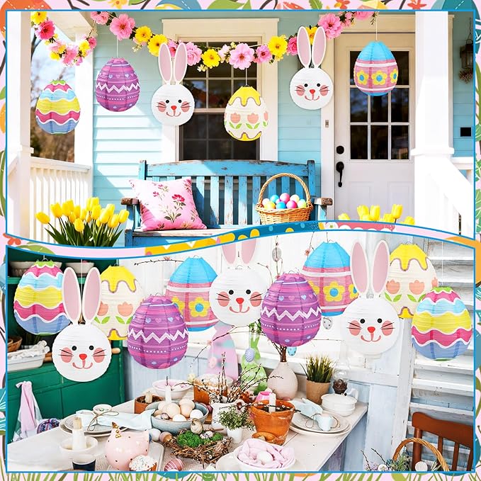 DECYOOL 12 Pieces Pastel Paper Lanterns, 8 Styles of Easter Egg Lanterns 4 Styles of Rabbit Lanterns Colorful Hanging Lantern Decor for Parties, Classroom Home Indoor Outdoor Celebrations