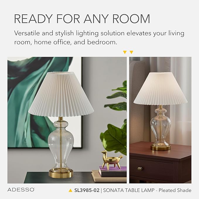 Adesso Table Lamp with Glass Base, Brass Accents, and Pleated White Fabric Lampshade – Bedside Table, Home Office Lighting, or Living Room Decor, 26” x 15”