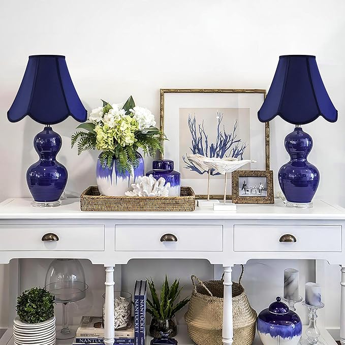 GO&SO Navy Blue Lamp Shade Rayon Silk Bell Lamp Shades 2pc -Petal Edge Braid Scalloped Lamp Shade Medium,6"Top x 13"Bottom x 10.6"Vertical Height (Spider) Floor Lamp Shade Replacement -Easy Assembly