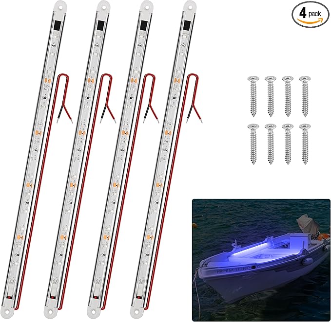 LED Boat Interior Lights, Boat Led Strip Lights Marine Waterproof Marine Lighting Strip Night Fishing Lighting for Pontoon, Dinghy, Kayak, Yacht,4 Pcs, Blue