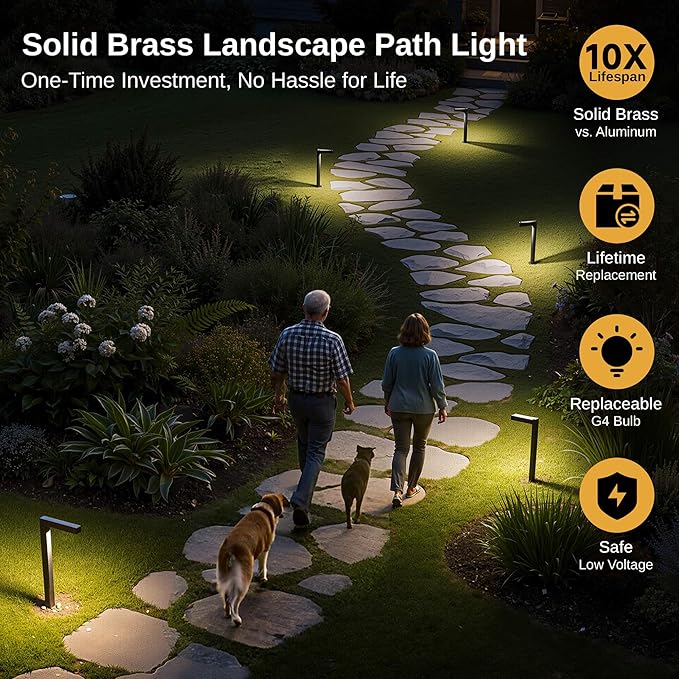 Gardenreet LED Pathway Lights Brass, 12V Landscape Path Lights Wired, Low Voltage Walkway Lights Outdoor Waterproof, L Shape Bronze for Backyard Garden Without G4 Bulb 8 Pack