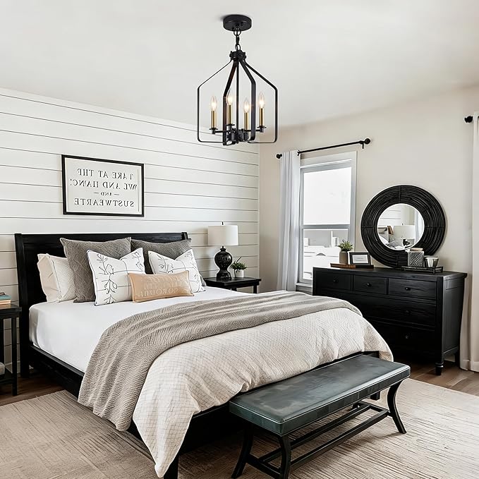 4-Light Black and Glod Chandelier, Geometric Farmhouse Cage Pendant Light, Adjustable Industrial Rustic Fixture for Dining Room, Kitchen Island, Entryway & Bedroom