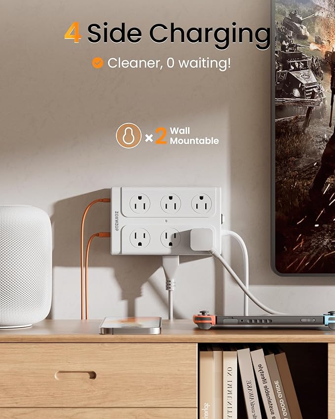 Surge Protector Power Strip - 12 Outlets(1850W/15A) 6 USB Ports（2 USB C, 6FT Flat Plug Extension Cord, Wall Mount Multi Plug Outlet Extender, ETL Listed for Home, Dorm Room