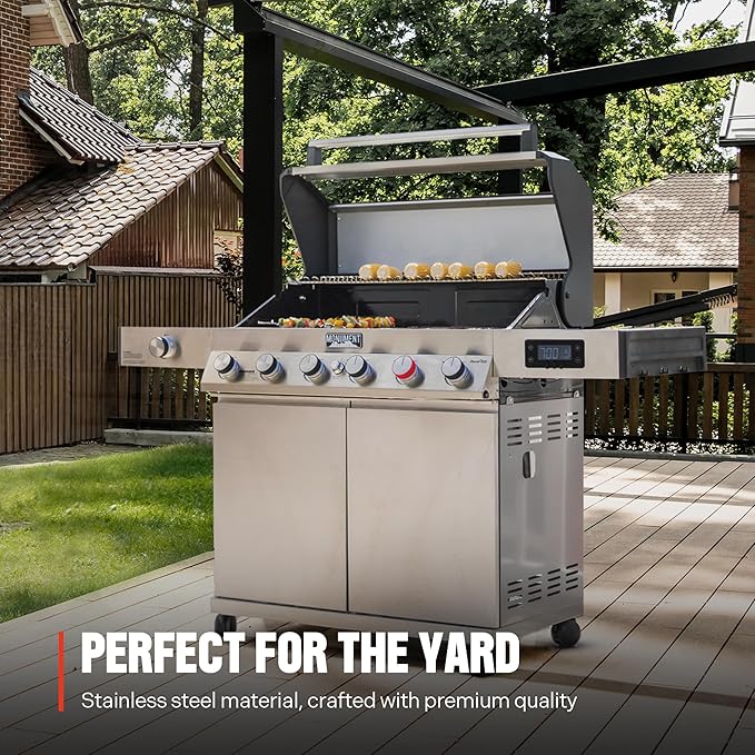 Monument Grills 6+1 Burner Smart Tech Propane Gas Grill, Denali 605Pro Stainless Steel Grill 78,000 BTU Outdoor Patio Yard Barbecue Grill with Side Sear Burner, Smoker Box, Cover and Rotisserie Kit