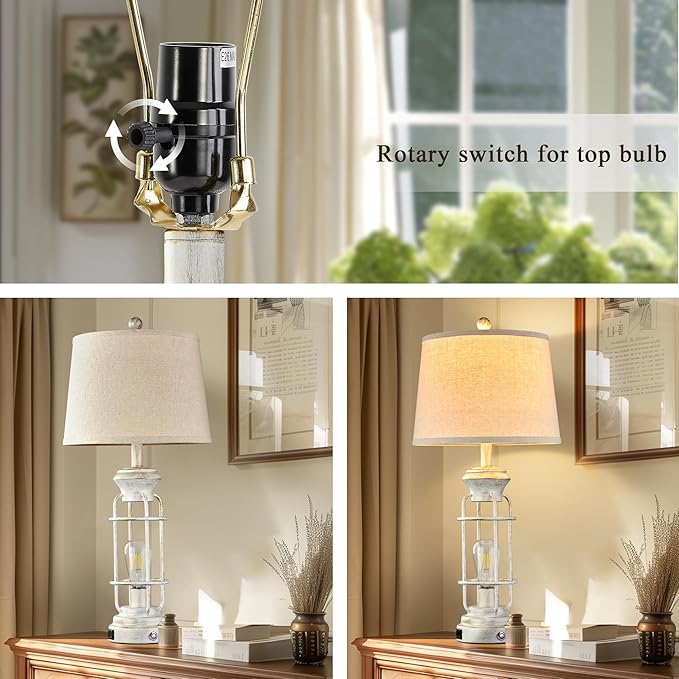 28" Farmhouse Table Lamp Set of 2 with USB Charging Ports, Tall Table Lamp for Living Room,3-Way Dimmable Lamps for Bedroom, Rustic Bedside Lamp, Industrial Nightstand Lamps,Bulbs Included