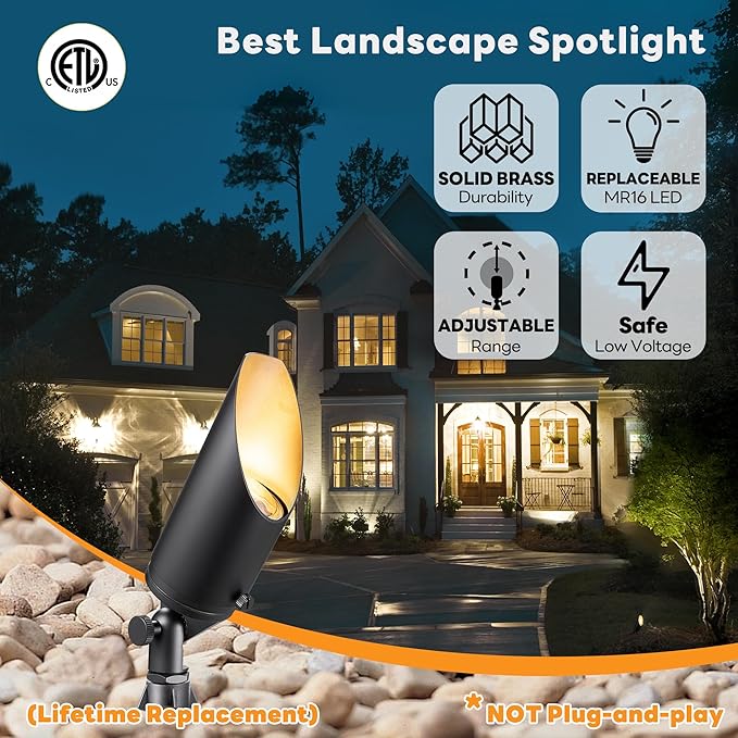 Gardenreet Brass Landscape Spotlights Low Voltage - Outdoor LED Uplight 12V, Wired Spot Lights IP65 Waterproof, Stretchable Shroud Black for Exterior Garden Yard Tree House Without MR16 Bulb