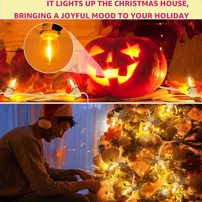 Christmas Village Lights, C7 Blow Molded Light Cord with 9 LED Bulb.11.8Feet Suitable for Christmas Village Houses, Halloween Holiday，Holiday Lighting - Warm Light