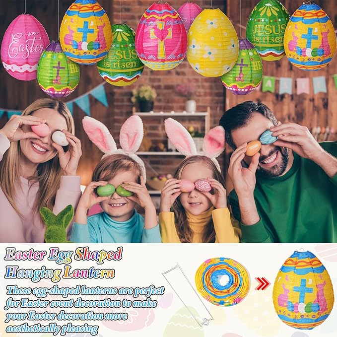 Wenqik 12 Pcs Easter Egg Paper Lanterns Party Decorations 10 Inch Spring Colorful Flower Dot Decorative Ceiling Hanging Lanterns for Home Easter Birthday Party Supplies, 6 Styles(Christian)