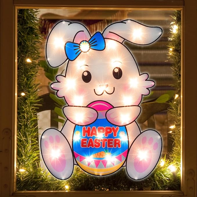 LAMPHOME 17" Lighted Easter Egg Window Silhouette，Bunny with Egg Easter Lighted Window Decoration