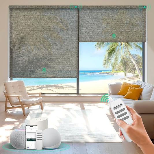 HeyBlinds Motorized Roller Shades, Smart Blinds for Windows, Remote Automatic Window Shades, Electric Shades, Light Filtering, Compatible with Alexa Google Apple Home (Light Chaser-Coffee LF)
