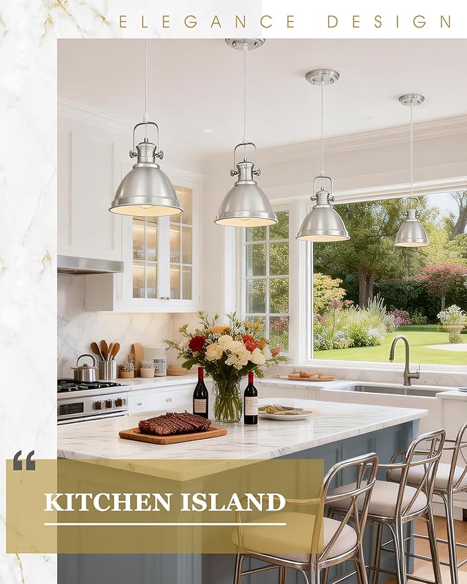 2-Pack Pendant Lights Kitchen Island, 8" Farmhouse Hanging Lights Fixtures with Metal Shade, Rustic Kitchen Pendant Lighting Over Island for Dining Room, Brushed Nickel, AD-2151-2PM-SN