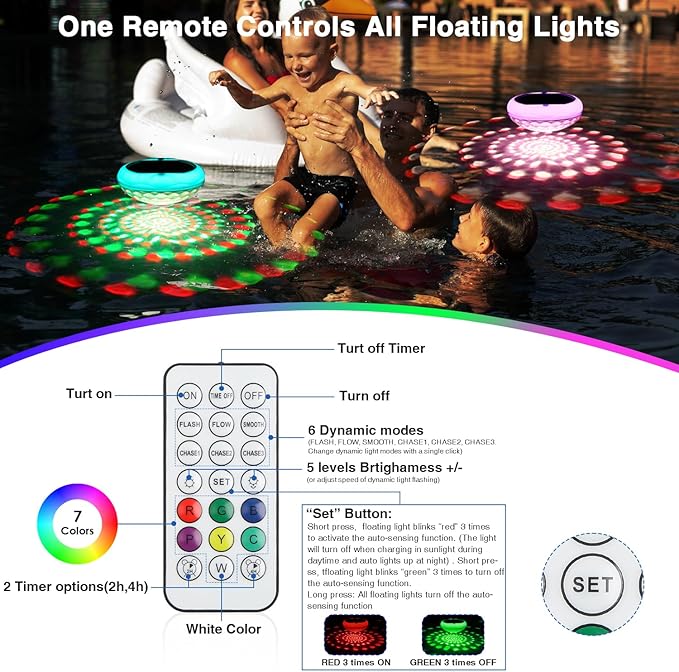 Solar Pool Lights(4 PCS), USB Rechargeable Floating Pool Lights, 6.69 Inch IP68 Waterproof 2600mAh Pool Lights 6 Dynamic Modes with Remote Upper and Lower Glow Hangable for Backyard Pond
