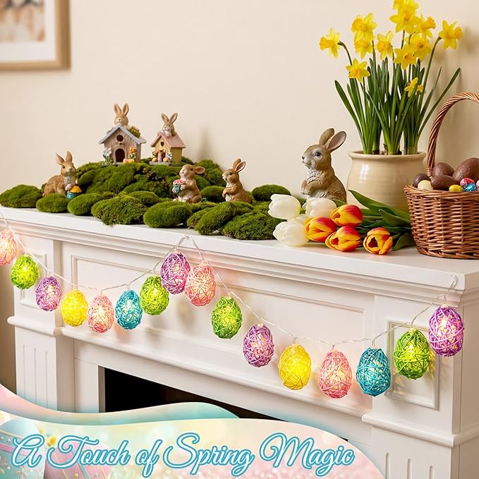 Easter Egg String Lights - 9.8ft 20 LED Candy Color Rattan Egg Lights, Battery Powered, Steady Flash Modes Portable for Easter Spring Home Party Table Window Mantel Decoration