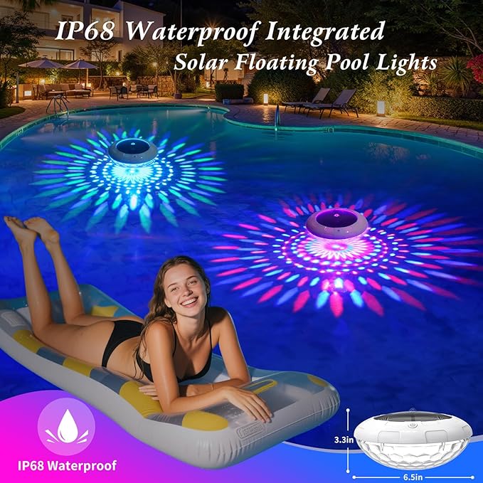 Floating Pool Lights w/Remote, 6.5 Inch RGB Solar Pool Lights That Float with 9 Dynamic Lighting, IP68 Waterproof Pool Floating Light, Hangable Solar Floating Light for Pools Party Garden(1)