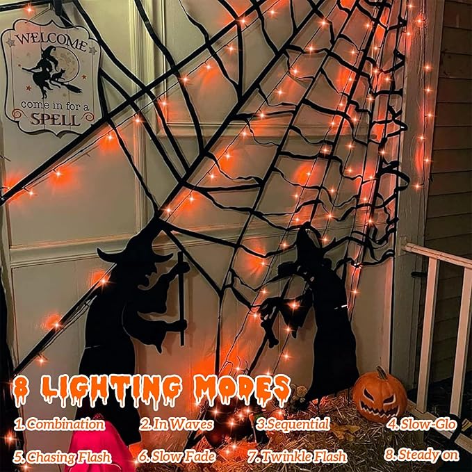 YEGUO 66ft 200 LED Orange Halloween Lights Outdoor Waterproof, Green Wire Christmas String Lights Indoor, 8 Modes Twinkle Tree Lights Plug in with Timer Memory