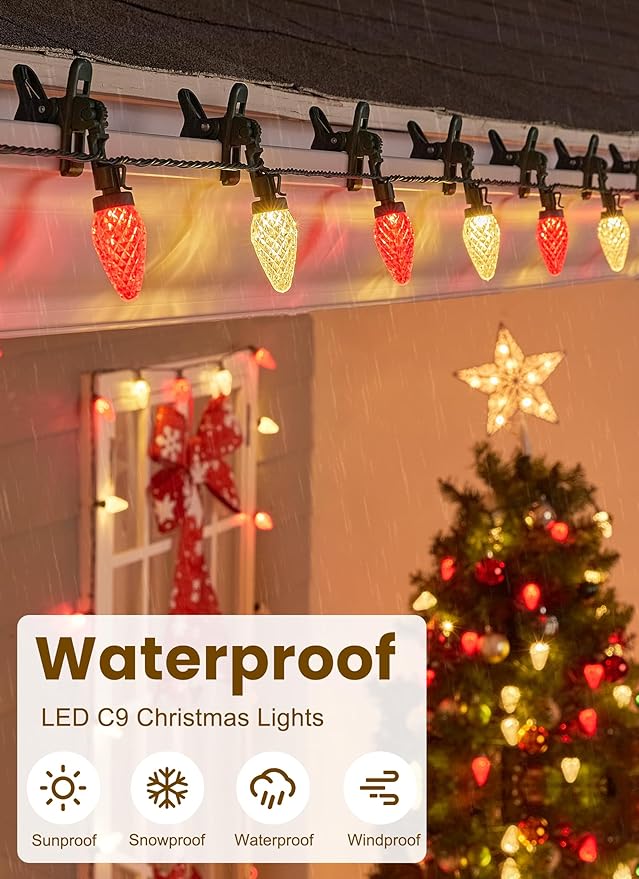 C9 LED Christmas Lights Outdoor, 66 Feet 100 LED C9 String Light with 100 Spring Clips, Waterproof Connectable Christmas Tree Lights for Outside Roofline Patio Home Xmas Decor, Red & Warm White