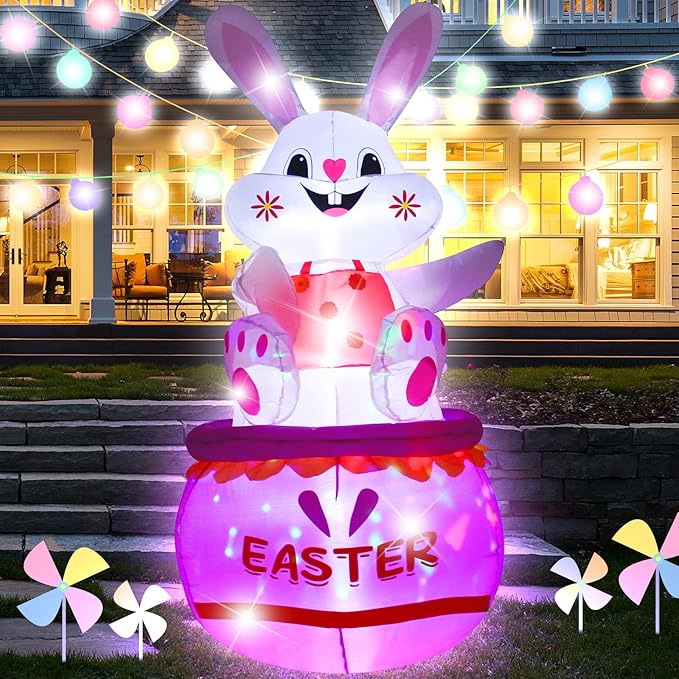 5FT Easter Bunny Inflatable Outdoor Decorations Build-in LED Lights,Cute Easter Rabbit Egg Blow Up Indoor Outdoor Decor, Spring Summer Outdoor Decor,Holiday Addition for Party,Yard,Garden, Lawn