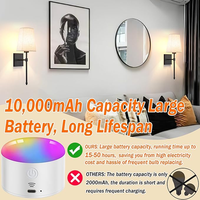 Battery Operated Wall Sconce Light Set Of Two, Battery Operated Sconces Wall Lighting Indoor Wireless Wall Sconce With Remote Control, Dimmable Battery Wall Lamp With 3CCT Bulb For Bedroom Living Room