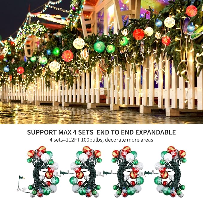 Christmas Ball Ornament Lights, 28ft 25 Bulbs Tree String Lights, Indoor Plug-in Expandable Wire for Holiday Party