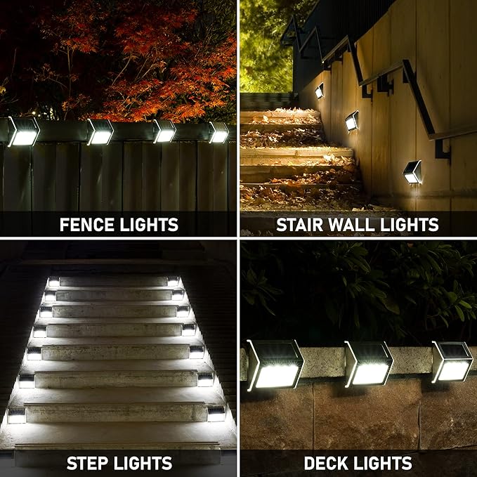 SOLPEX Solar Step Lights, 6 Pack Stair Lights, Outdoor Fence Lighting, Solar Powered Deck Lights Waterproof 4 LEDs for Stairway Patio Porch Pathway Walkway Garden (Cold White)